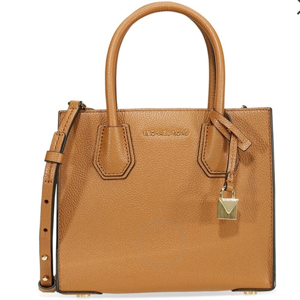 NWT Michael Kors Medium Mercer Tan Leather Belted Satchel Crossbody Purse - Picture 2 of 8